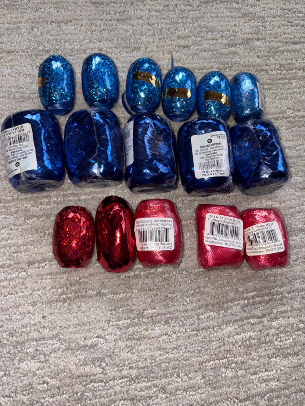 Assorted Red & Blue Metallic Holographic & Plain Curling Ribbon Kegs - Lot of 16